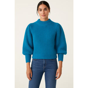 Sincerely Ours Bright Blue Chunky‎ Knit Mock Neck Sweater Retro Twee Small